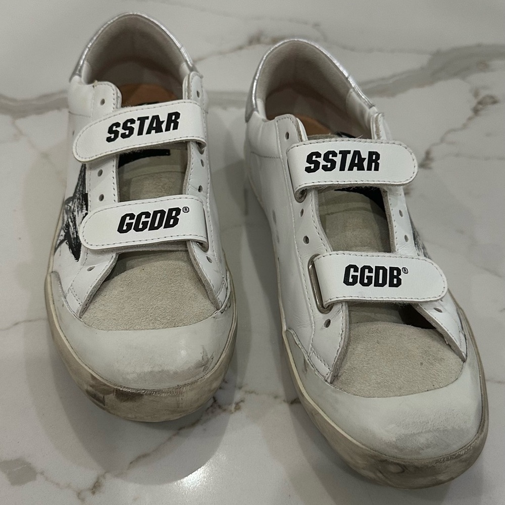 Golden Goose White Leather & Suede Velcro Sneakers with Black Logo